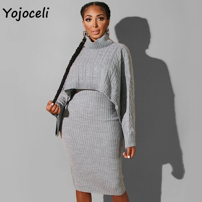 Yojoceli сексуальное трикотажное платье-свитер, женское платье из двух частей, зимний теплый свитер, джемпер, вязаное платье