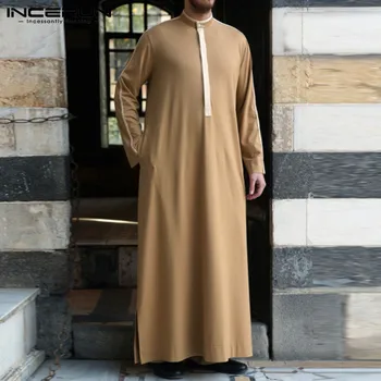 

Men Muslim Kaftan Robes Fashion Long Sleeve Stand Collar Long Shirts Casual Abaya Arabic Islamic Solid Color Jubba Thobe INCERUN