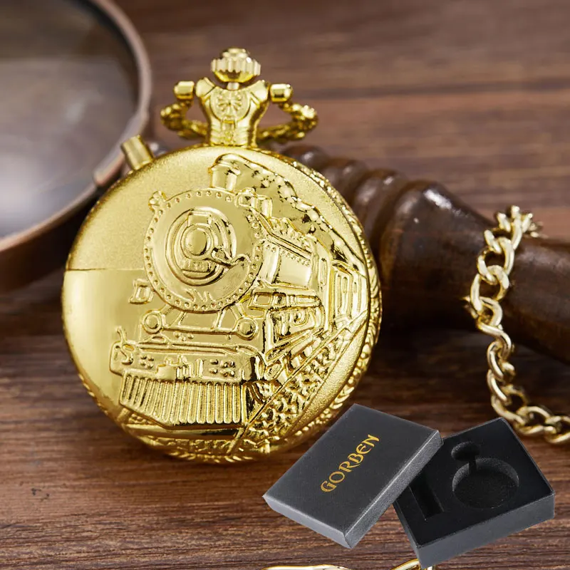 Gold with box Винтажные Паровозик двигатель железнодорожный поезд карманные часы для мужчин светодиодный циферблат ожерелье цепь кварцевые карманные часы мужские Relogio De Bolso - Цвет: Gold with box