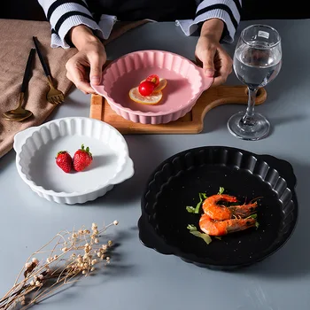 

Nordic Dumb Round Baking Plate Special Baking Plate for Biaural Microwave Oven Ceramic Household Plate Oven Cheese Baking Plate