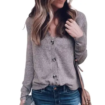 

Women Casual V Collar Long Sleeve Knit Cardigan Jacket Women Fashion Button Autumn Sweaters Coat Retro Solid Color Loose Sweater