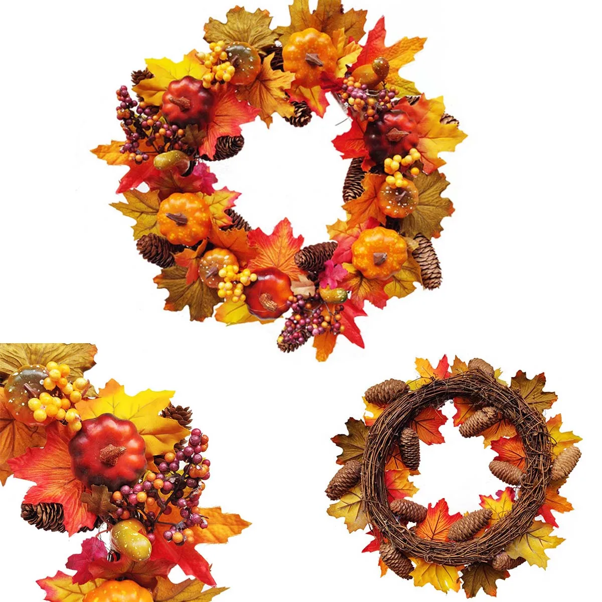 1pc Autumn Maple Leaves Pumpkin Berries Wreath Thanksgiving Party Home Decor LED Light Lamp Tree Garden Autumn Leaves