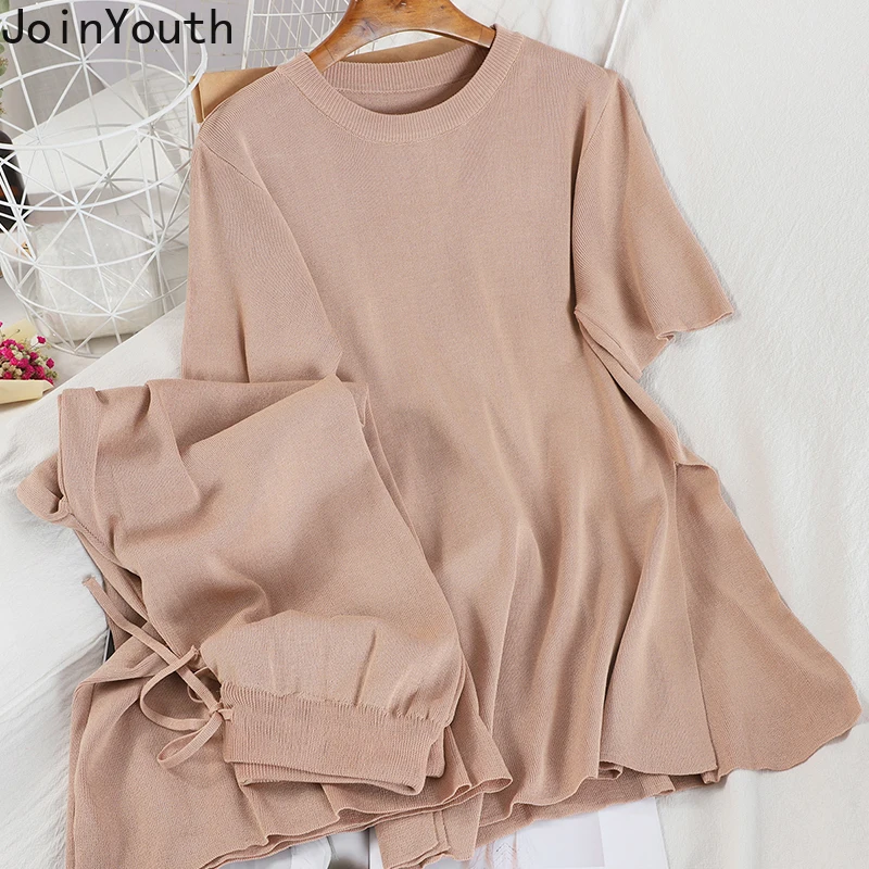 

Joinyouth Knitted 2PCS Set Top Pants Short Sleeve Medium-long Split Knitwear + Lace Up High Waist Wide Leg Pants Suits 59509