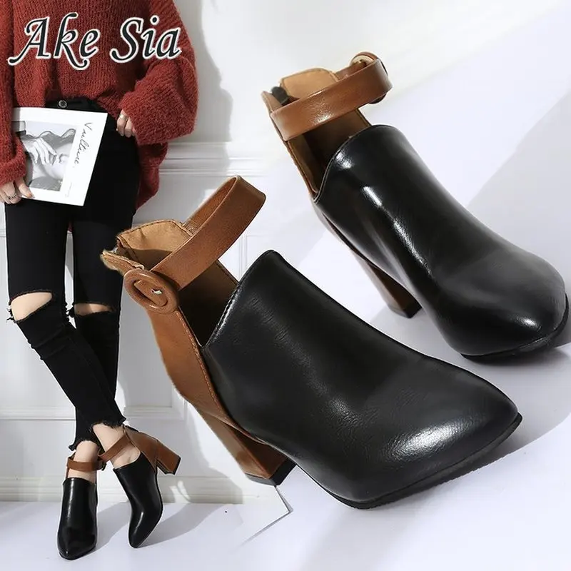 

2019 autumn winter new Martin boots Square high heels ladies pointed toe high-heeled women's boots size 35-44 women shoes