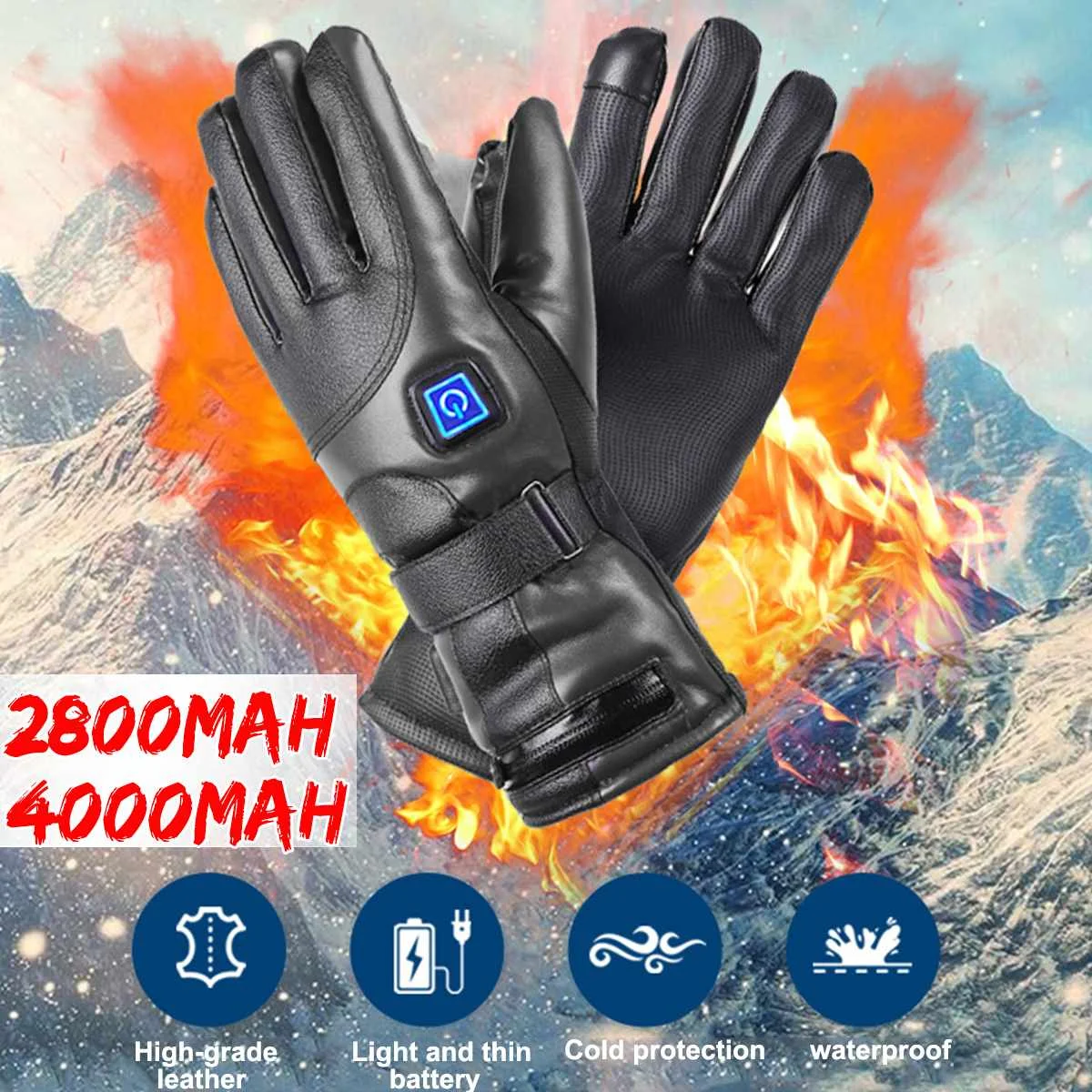 

2800/4000Mah Winter USB Hand Warmer Electric Thermal Leather Gloves Waterproof Heated Gloves Battery Powered Ski Gloves 1 Pair