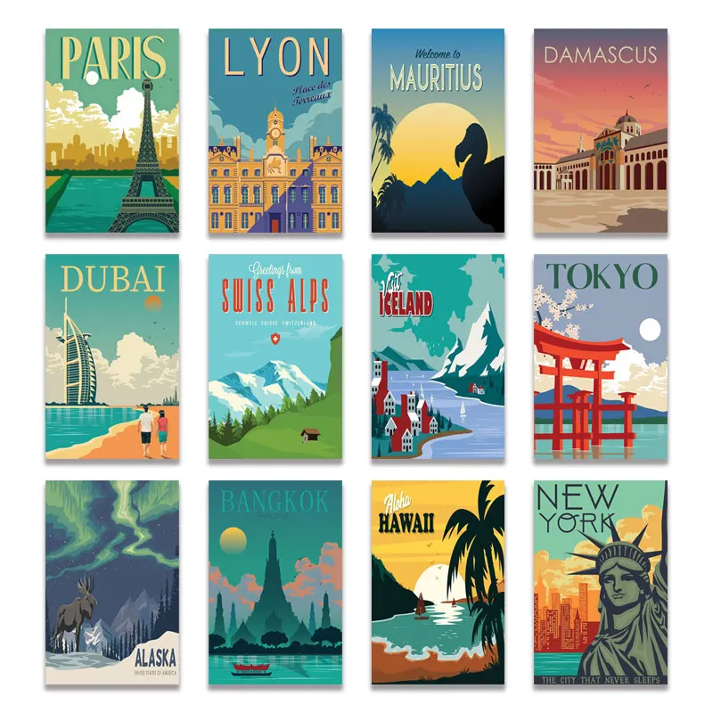 

Retro Travel Poster City Wall Art for Living Room Bar Wall Decoration Painting Picture New York Paris London Posters and Prints