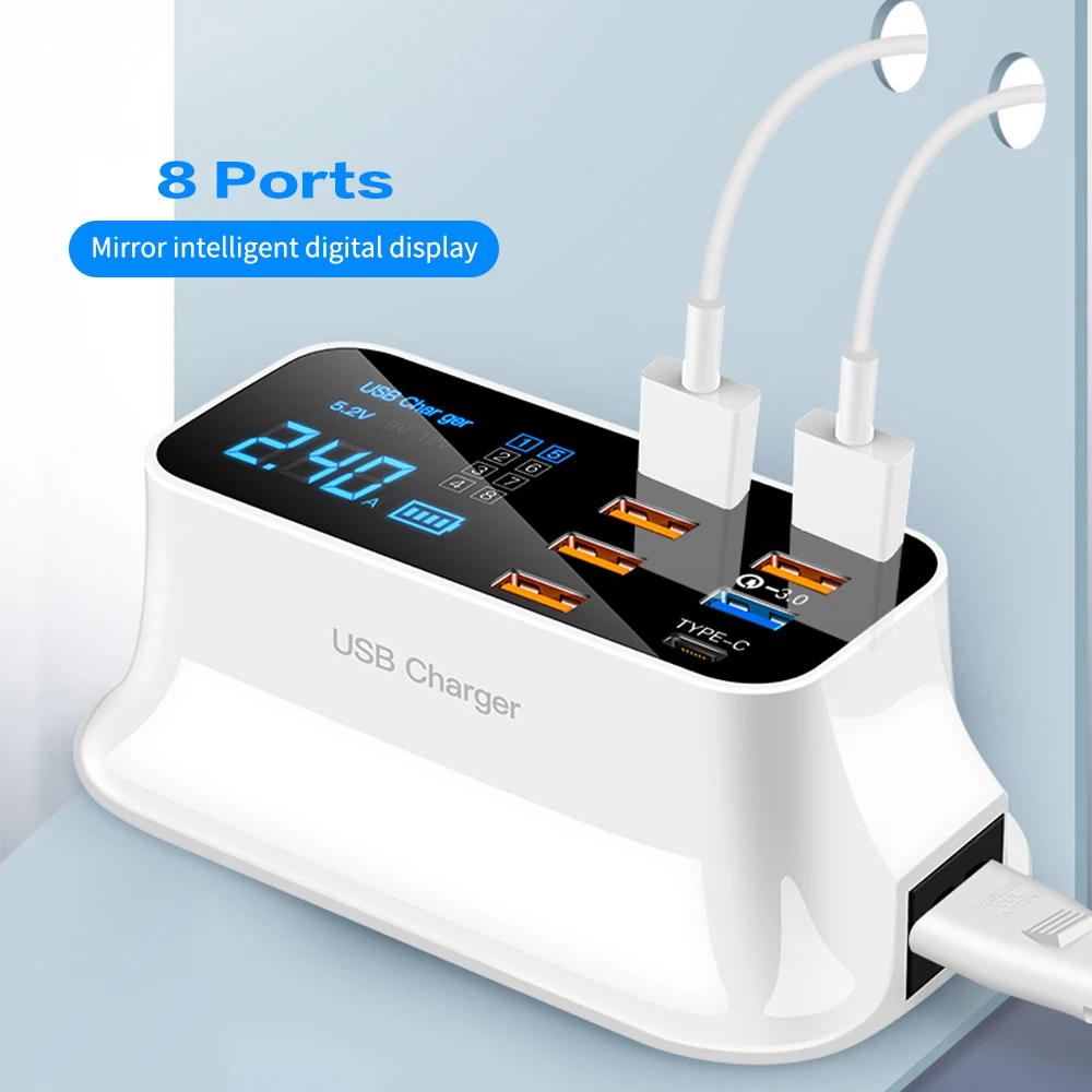  Multi port Digital LCD Display USB Charger For Android iPhone 2.4A Fast Charger Cable For xiaomi hu