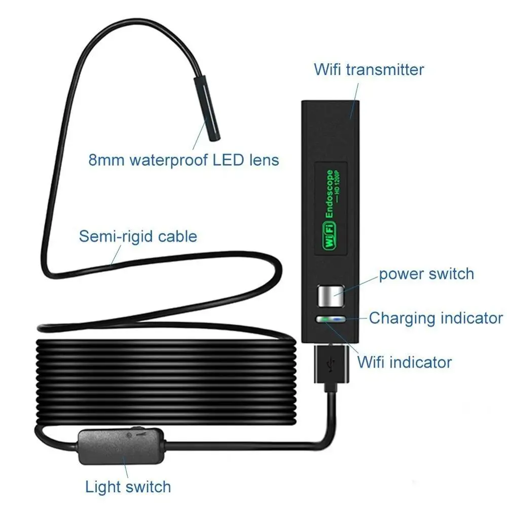 Ios & Android WiFi Wireless Endoscope HD 720p 8mm Waterproof Borescopes Inspection  Camera with 6 LED and 1 to 5m Cable - China WiFi Endoscope, Endoscope