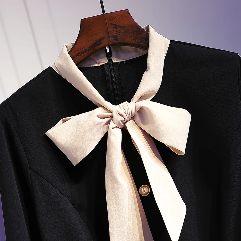 Ceny L 4XL Plus rozmiar kobiety elegancka sukienka trapezowa jesień 2019 modna kokardka kołnierz z długim rękawem perłowe guziki luźne sukienki damskie na co dzień