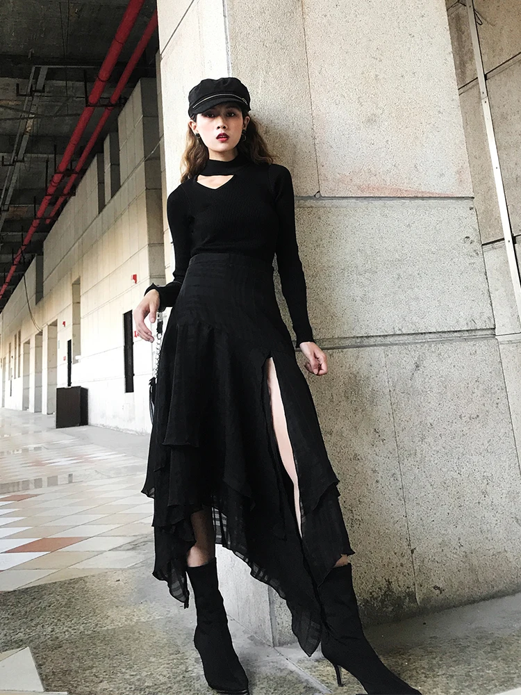 Дизайн, новинка, Harajuku, женские клетчатые юбки, черные, необычные, высокая талия, длинная юбка для танцев, уличная одежда, Saias Femininas