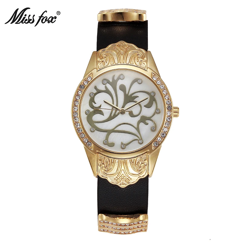 

MISSFOX Black Watch Women Belt Strap Dress Flower Women's Watch Luxury Diamond Stainless Steel Water Resistant Relogio Feminino