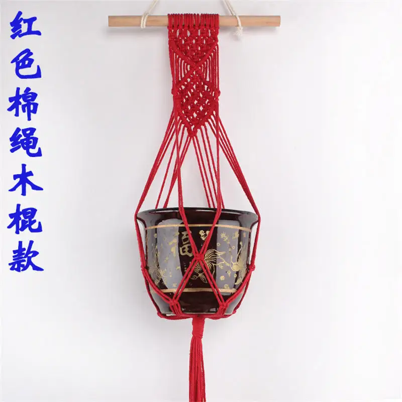 red Ручная работа, хлопковая веревка, цветочный горшок, подвесная корзина, веревка с узлами, цветочный горшок, Сетчатая Сумка, держатель для растений, домашний офис, дверь, сад, подвесной Декор - Цвет: red