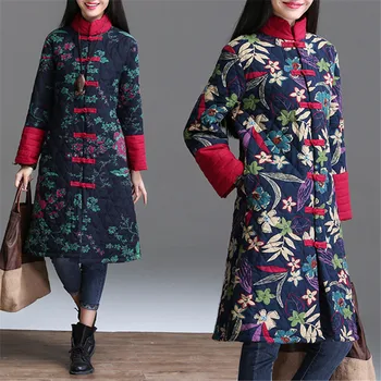 

2019 New Ethnic Style Large Size Autumn Winter Jackets Women Thick Cotton Padded Clothes Buckle Warm Long Coat Female Outerwear