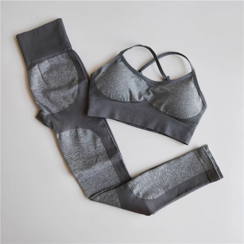 gray set Бесшовный комплект для йоги, тренировочная одежда, спортивная одежда для женщин, высокая талия, леггинсы для спортзала, колготки, мягкий пуш-ап спортивный бюстгальтер, 2 шт., спортивные костюмы - Цвет: gray set