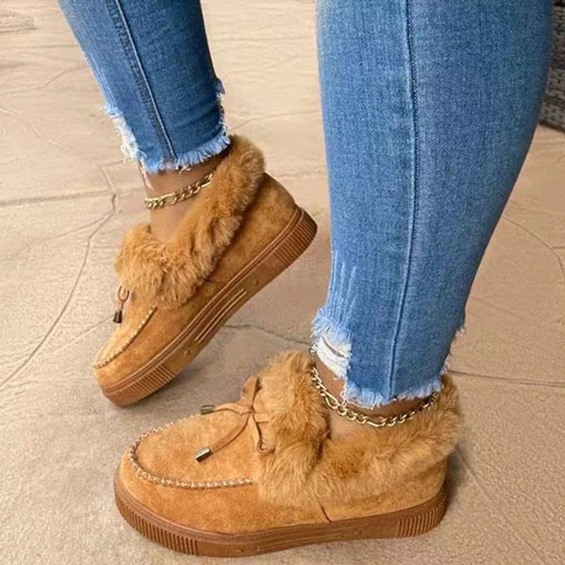 Botines cálidos de ante y pelo para mujer, botas de nieve informales a la moda con punta redonda y lazo de piel esponjosa, botas de plataforma plana