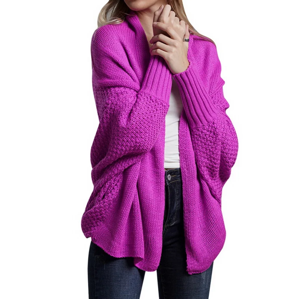 Women Autumn Cardigan Sweater Batwing Sleeve Knitwear Jacket Solid Color Plus Size Cardigan Female Femme Jumper Coat New - Цвет: rose red