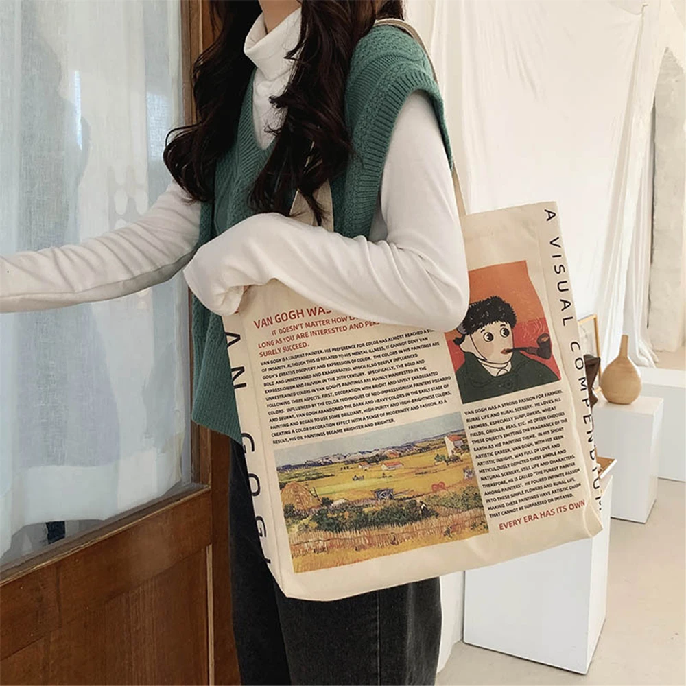 

High-capacity Women's Canvas Shoulder Bag Van Gogh Monet Oil Printing Shopping Bags Fashin Student Handbags Totes Bags for Girls