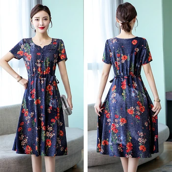 

2020 Spring Summer Casual Dress Women V Neck Short Sleeve A-Line Mid-Calf Print Dresses Female Elegant Waist Vestidos