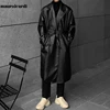 Mauroicardi Spring Autumn Long Black Oversized Faux Leather Trench Coat Men 2022 Drop Shoulder Belt Faux Leather Coats for Men 2