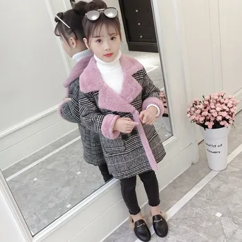 

Children Winter Plush Woolen Coat Girl Medium Length Lattice Thermal Jacket Kids Thicken Velvet Casual Overcoat For Girl Clothes