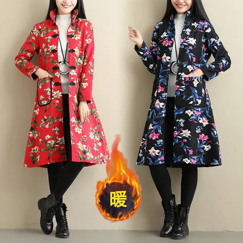 

2019 Winter Chinese Style Cotton Linen Warm Thincken Printed Long Sleeve Womens Trench Coat V-neck Windbreaker Designer Coats