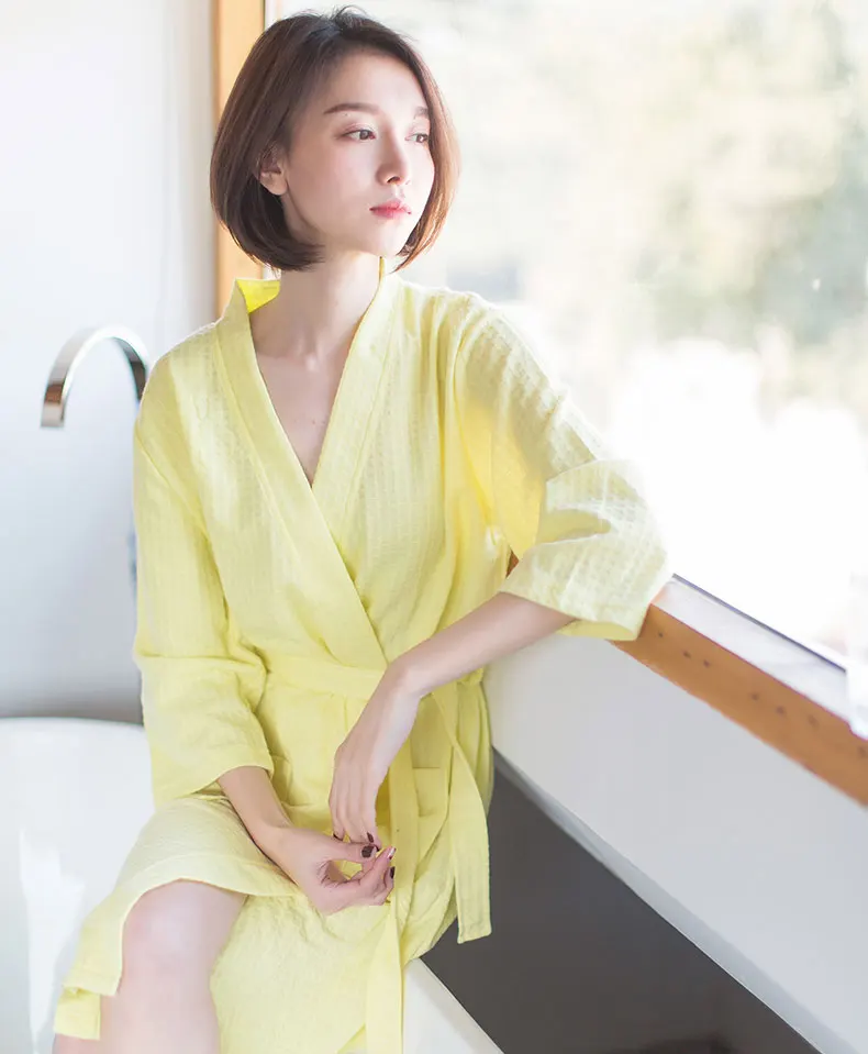 yellow women Платье для влюбленных, мужской халат, водопоглощающее, модное полотенце, банный халат, кимоно, вафельный Халат, женский, размера плюс, ночнее платье - Цвет: yellow women