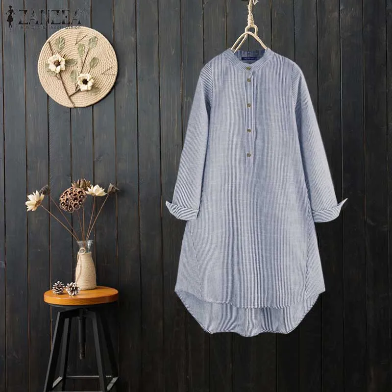 Женские топы Blusas ZANZEA Женская Повседневная хлопковая льняная рубашка женская модная Полосатая туника блузка со стоячим воротником Chemiser Mujer