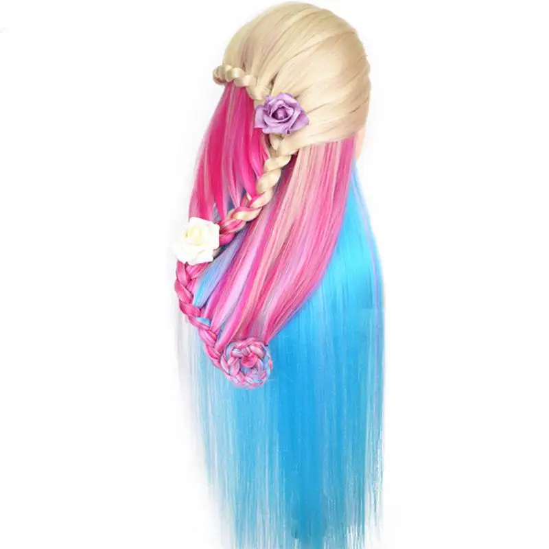 Practice Salon Head Hairdressing Training High Fiber Long Yfashion Hair Head Model with Rainbow Colour Hairpiece Clamp Stand