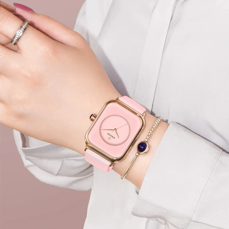 WWOOR Watch For Women Fashion Pink Square Waterproof Quarzt Wristwatch Top Brand Luxury Stainless Steel Ladies Dress Watch Gift