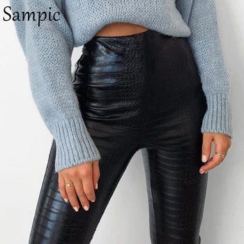 

Sampic Fashion High Waist PU leather Crocodile Pattern Pants Thick Spring Women Bodycon Casual Streetwear Outfits Trousers 2020
