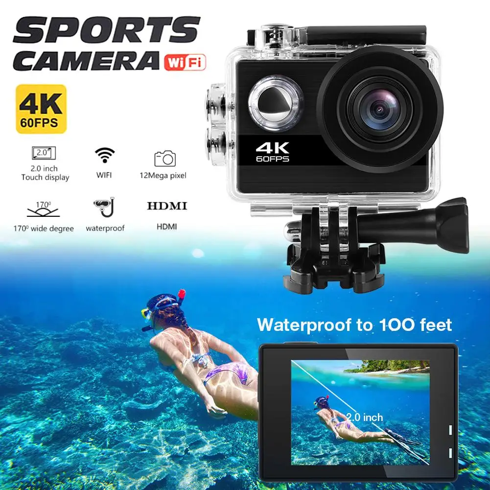 4K Ультра HD экшн-Камера Wi-Fi HD спортивные Камера широкоугольный объектив с фокусным расстоянием 4 K/60fps видео 2400W пикселей 2-дюймовый ЖК-дисплей 100FT Водонепроницаемый Камера