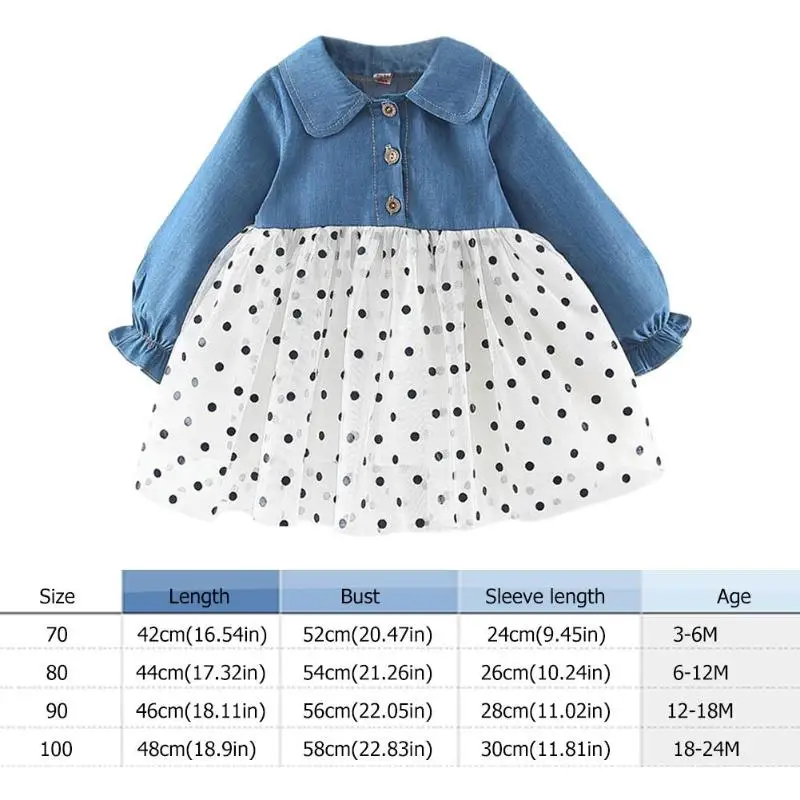 Модное платье в горошек с длинными рукавами удобные мягкие осенние джинсовые платья с отложным воротником для маленьких девочек от 3 до 24 лет