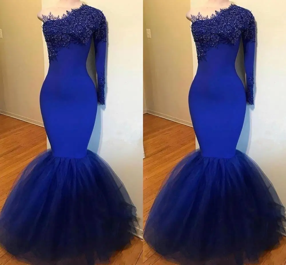 

Vestidos de Noiva 2020 Long Sleeves Mermaid Blue African Prom Dresses Lace Applique One Shoulder Beads Evening Gowns