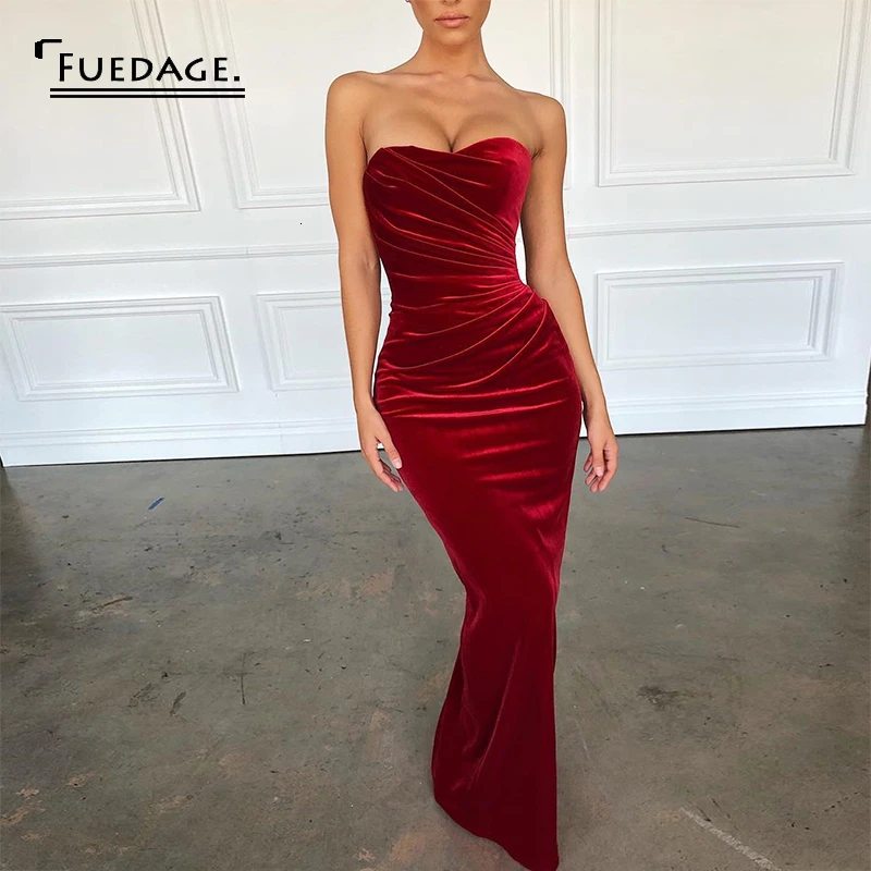 

Fuedage Sutumn Sexy Women Dress Velvet Bodycon Strapless Women Maxi Long Dress Ruched Backless Slim Solid Female Club Vestidos