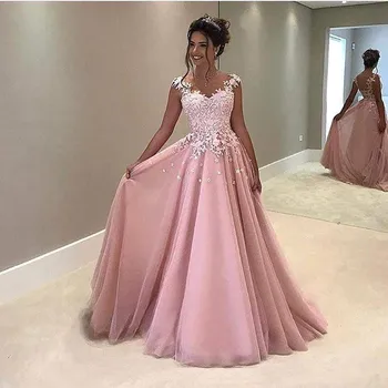 

Elegant Pink Lace Tulle Evening Prom Dress Cap Sleeve A-line Appliques Dubai Saudi Arabic Sexy Long Bridal Party Gowns Celebrity