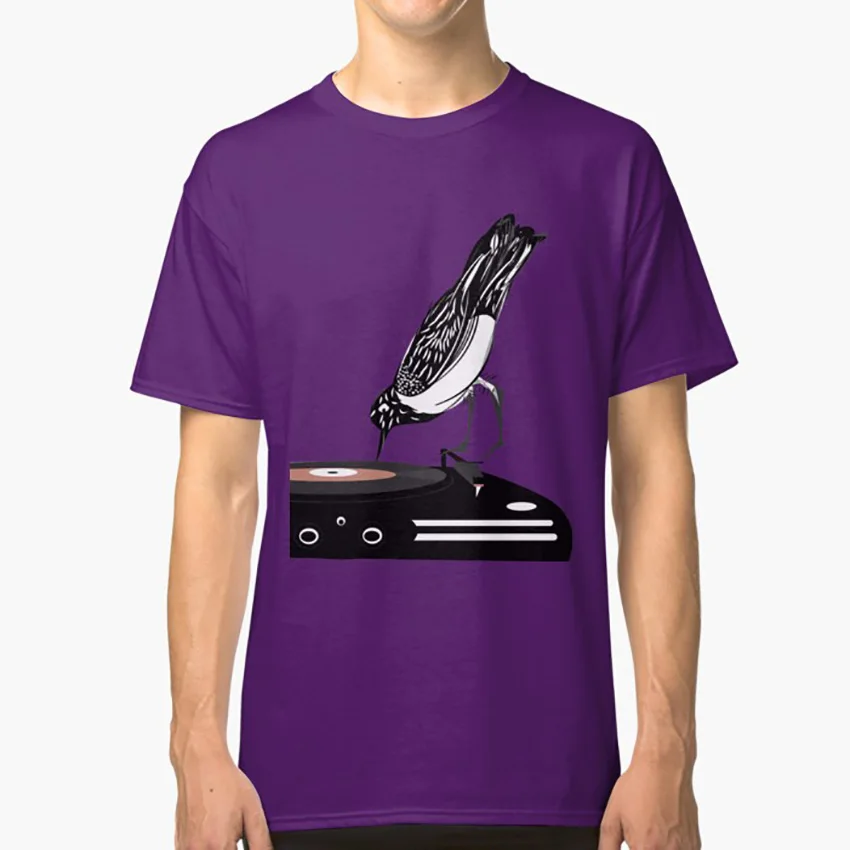 DJ magpie Футболка dj сорока птица музыкальный диск винил discjockey Забавный Милый проигрыватель ретро - Цвет: Фиолетовый