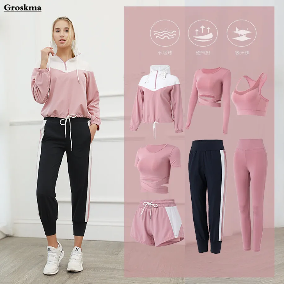 Leggings Fitness Suits Sportswear Hooded-Coats Yoga-Clothing T-Shirt 7piece-Set Gym Outdoor
