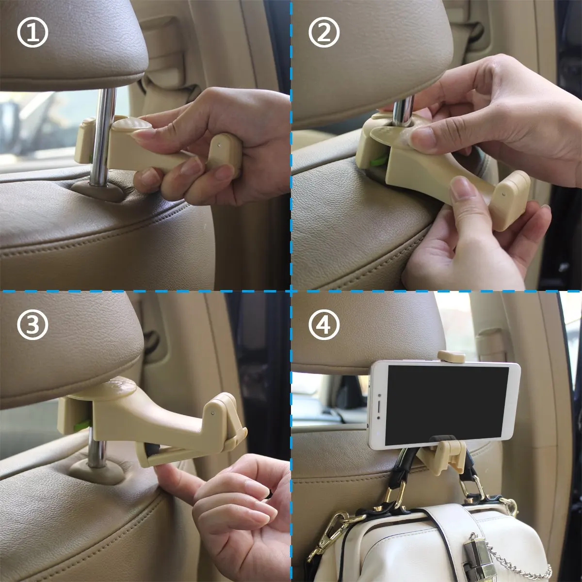 Kayme Car Back Seat Headrest Hook with Phone Holder, Auto Mult-function Seat Headrest Hanger for Groceries Handbag, 12x5.5x3cm