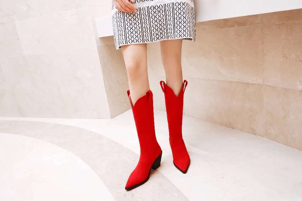 Ботинки высокого качества женские ботинки с высоким голенищем в стиле «западное Родео», в ковбойском стиле, в винтажном стиле, из замши, на низком каблуке, с острым носком женская обувь botas muje