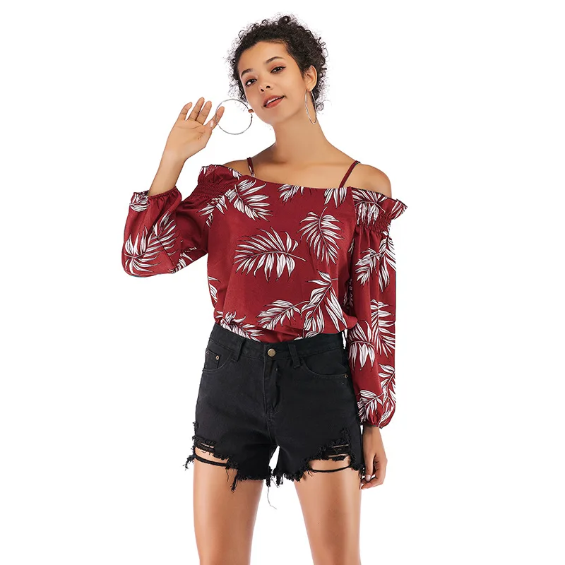 

Casual Sexy Crop T-Shirt Top Women Spring Slim Club Sexy Tees Leaves Printing Long Sleeve Shirt Female Short Shirt Camis