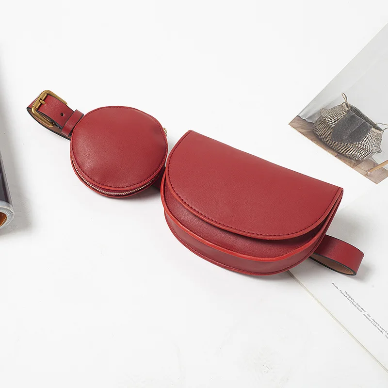 Fashion Solid Waist Bag Women Composite Bags 2 Pouch Ladies Brief Fanny Pack Female Pu Leather Round Saddle Belt Waist Bags