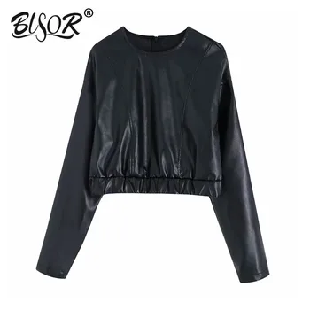

Women elegant PU leather black blouse O neck back zipper Long sleeve shirt female casual short style tops blusas