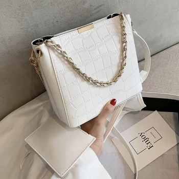 

2 Bag/SET Stone Pattern Fashion Bucket Bags For Women 2020 PU Leather Crossbody Bag Set Chain Mini Shoulder Handbag Set s
