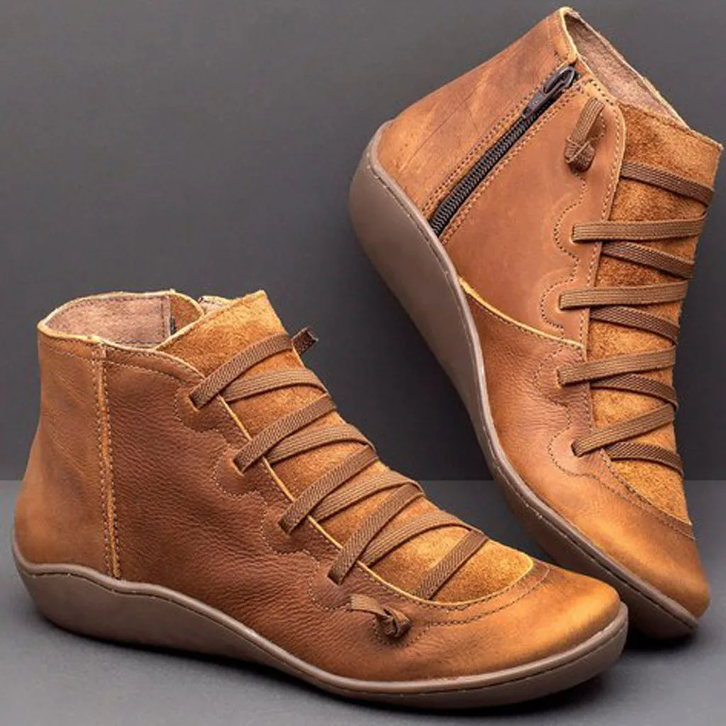 

Women Casual Comfortable Large Size Boot Daily Retro Autumn Work Arch Support Non Slip Shoes Fashion PU Leather Flat Heel