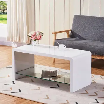 

GOLDFAN High Gloss Coffee Tables with Glass Storage Shelf Modern Design Living Room Coffee Tables for Home Office Furniture