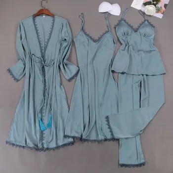

4PCS Sleep Set Lady Pajamas Suit Strap Top&Pants Satin Nightwear Bridal Wedding Gift Pijamas Sexy Intimate Lingerie Homewear