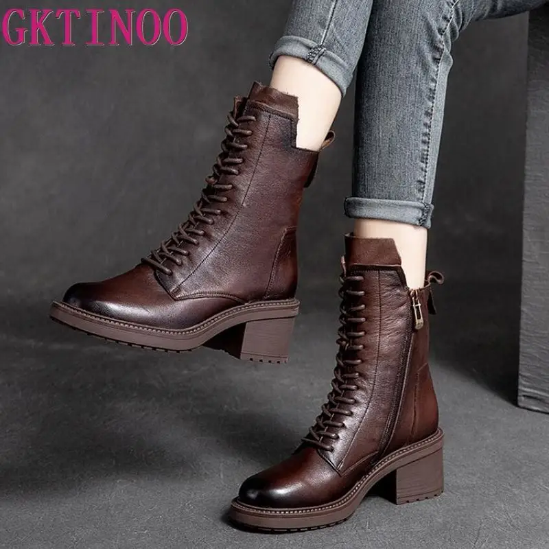 Women Ankle Boots Cow Leather Autumn Winter Square Med Heel Lace Up Zipper Pumps Size 35-40