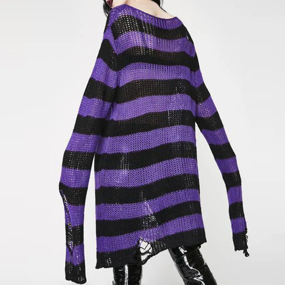 Women Pullover Sweater Gothic Punk Casual Striped Knitwear Loose Autumn Knitted Sweaters Hole Jumpers Hollow Out Long Sweaters 2