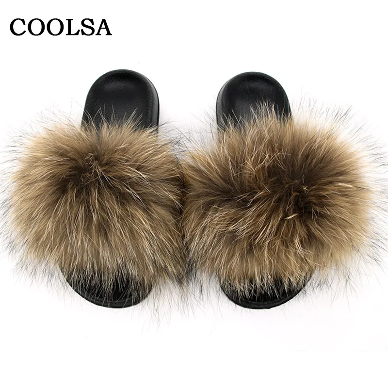 Raccoon fur Новые зимние женские меховые тапочки пушистая лиса меховые Вьетнамки меховые шлепанцы на плоской подошве теплые домашние тапочки женская меховой плед плюшевые домашние туфли - Цвет: Raccoon fur