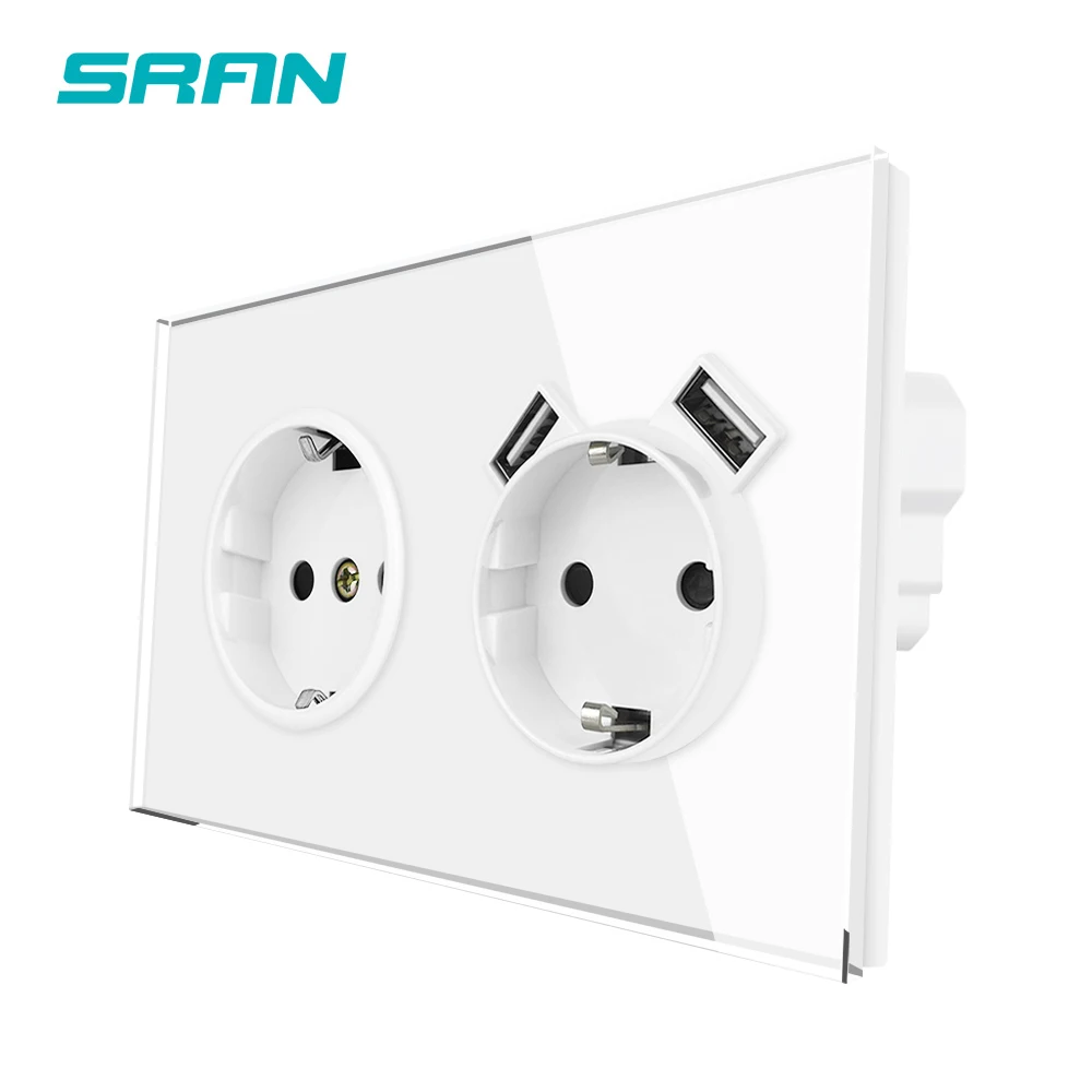 SRAN 153*82mm Dual EU Standard Electrical sockets, 2.1A Charging Port Usb wall socket 16A White